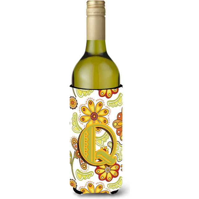 Letter Q Floral Mustard and Green Wine Bottle Beverage Insulator Hugger CJ2003-QLITERK