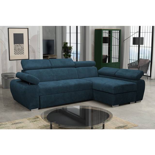 (Blue, Right) Corner Sofa Bed BOSTON MINI PREMIUM with Storage Sleep Function Springs Corduroy
