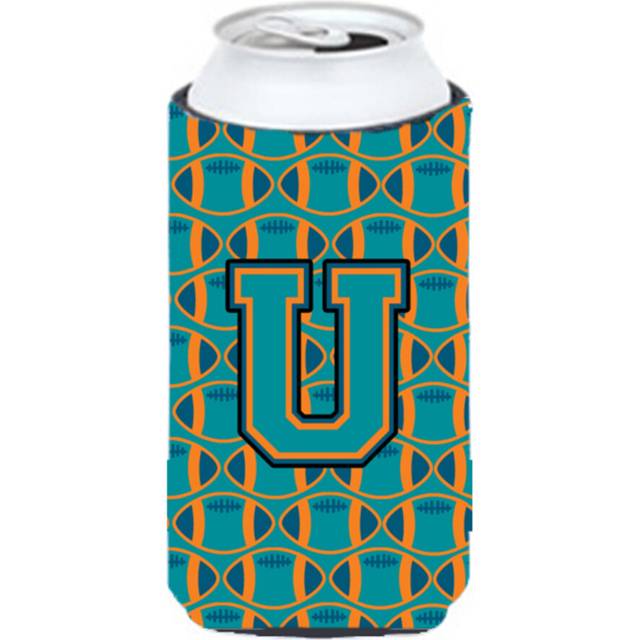 Letter U Football Aqua  Orange and Marine Blue Tall Boy Beverage Insulator Hugger CJ1063-UTBC