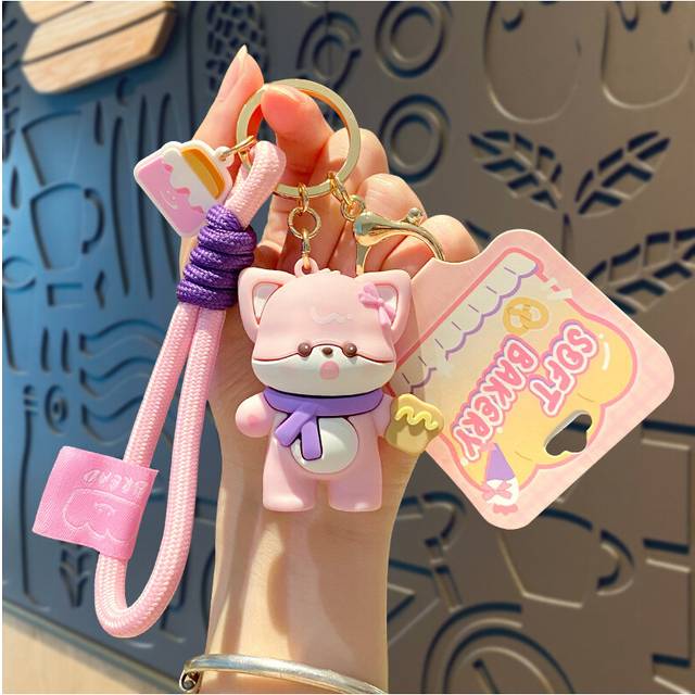 (Milk Foam Pink) Soft Bread House Series Matcha Roll Keychain Adorable Cartoon Silicone Accessory