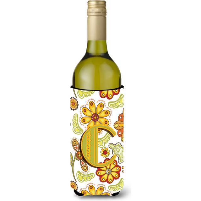 Letter C Floral Mustard and Green Wine Bottle Beverage Insulator Hugger CJ2003-CLITERK