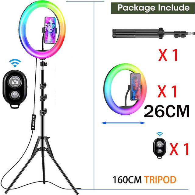 (A) Selfie Ring Light 26cm RGB Fill LED RingLight Selfie Lamp Photography Lighting Mobile Holder Tripod Stand For Video Youtube Live