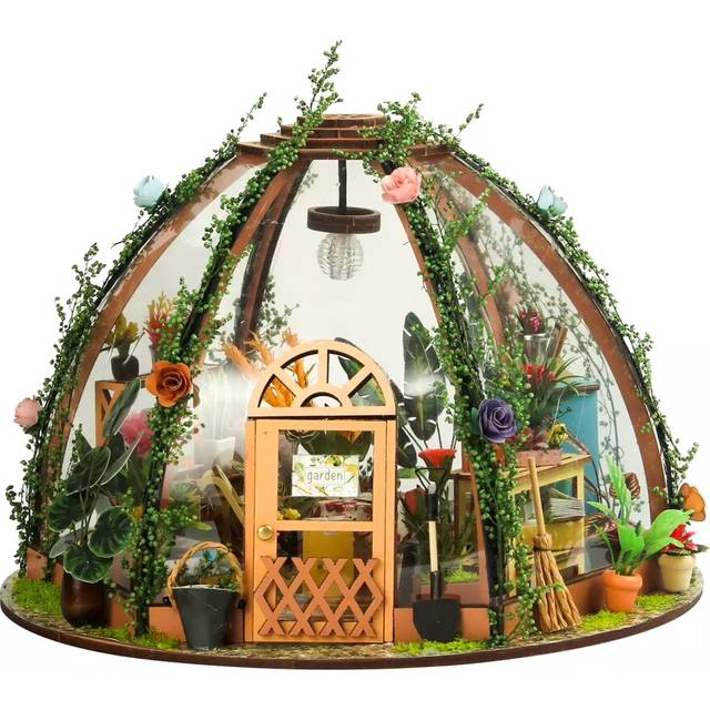 (Multicolor) DIY Miniature Dollhouse Kit Wooden Mini Starry Flower Green House with Bright