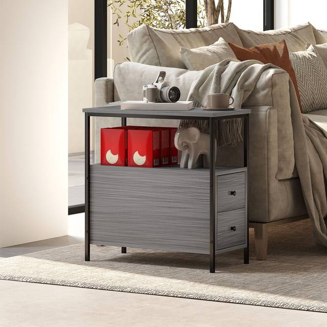 HOMCOM Narrow End Table, Sofa Side Table with 2 Drawers Storage Shelf, Grey, Grey