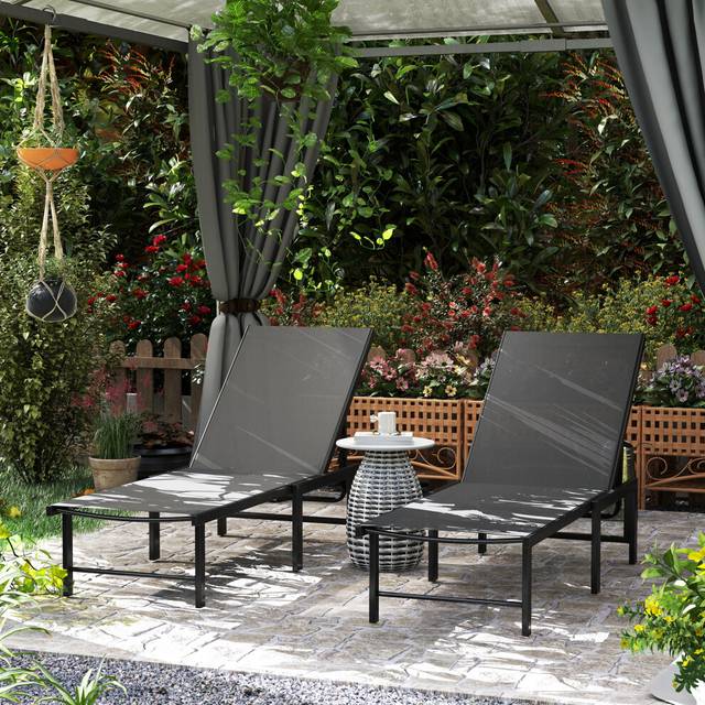 (Grey) Outsunny Sun Loungers for Garden Set of 2, 5-Level Adjustable Reclining Sun Lounger Chairs with Texteline Seat, Steel Frame for Patio, Beach