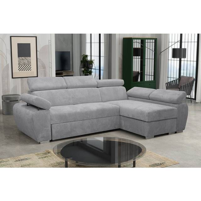 (Light Grey, Right) Corner Sofa Bed BOSTON MINI PREMIUM with Storage Sleep Function Springs Corduroy