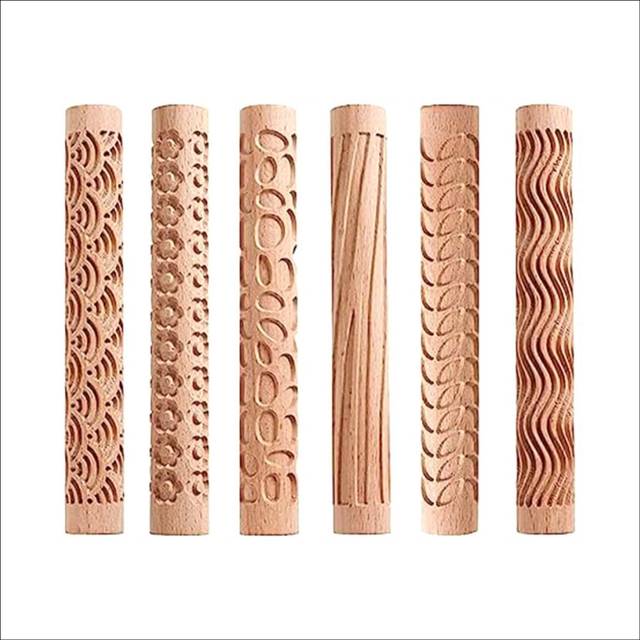 Set of 6 Wood Clay Modeling Pattern Rollers Kit, Clay Rolling Pin Textured Hand Roller Wooden Handle Pottery Tools Set