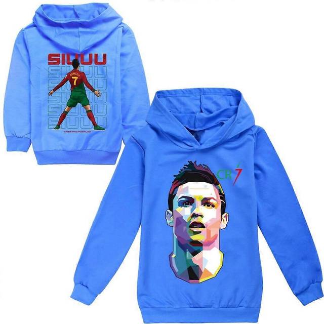 (Blue, 160cm) Ronaldo HoodieWorld Cup No.7 Christmas Gifts Football Star Hoodie Boys Hooded