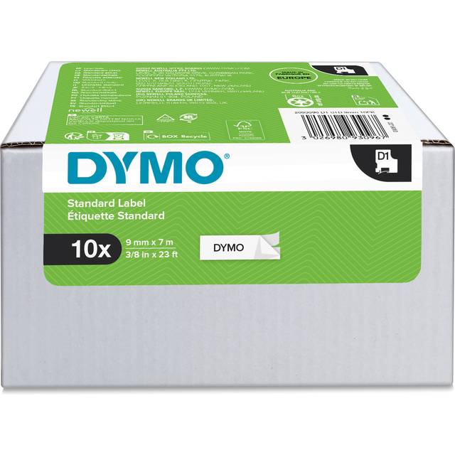 DYMO D1-originaletiketter | Rulle på 9 mm × 7 m | Svart utskrift på vitt | Självhäftande etiketter för LabelManager-etikettskrivare | 10 st.