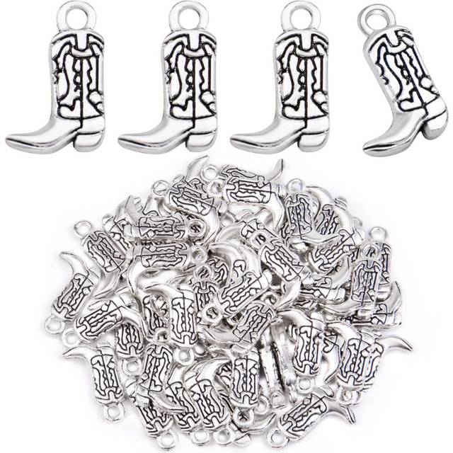 BronaGrand 50 Pieces Antique Silver Western Cowboy Boot Charms Pendants Alloy Vintage Cool Charms for Earrings Bracelet Necklace Jewelry Making
