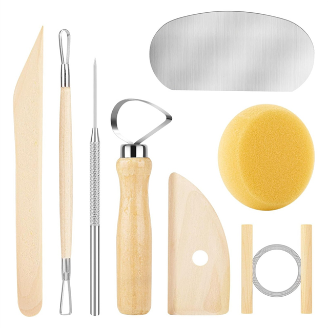 8PCS Wooden Pottery Sculpting Tools, Wood Clay Cleaning Tool Set, Ceramic Modeling for Carving, Molding, Cutting