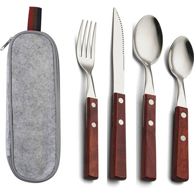 Complete cutlery set Knife, fork, chopsticks and spoon Stainless steel travel fork With wooden handle B