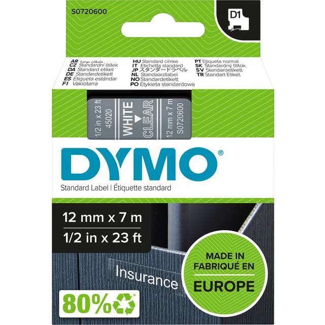 DYMO Tough Authentic Labeling Self Adhesive D1 - White Print on Clear Tape