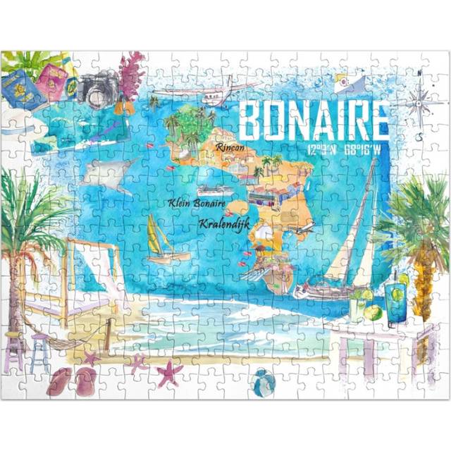 (Bonaire Dutch Antilles Caribbean Island Illustrated Travel Map with Tourist Highlights=1676) Jigsaw Puzzle Wooden 300-Piece for Adults Kids Seniors-