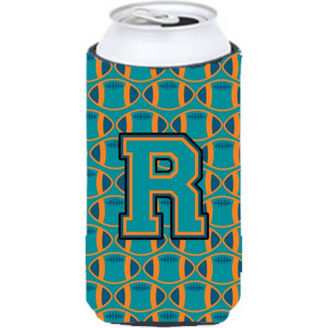 Letter R Football Aqua  Orange and Marine Blue Tall Boy Beverage Insulator Hugger CJ1063-RTBC