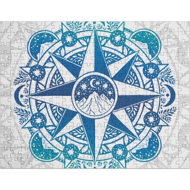 (Journey to Moon Mountain Turquoise Navy OmbrÃ© Compass Rose Nature Mandala=2754) Jigsaw Puzzle Wooden 300-Piece for Adults Kids Seniors- Home Decor F