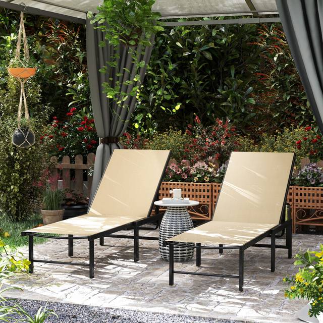 (Brown) Outsunny Sun Loungers for Garden Set of 2, 5-Level Adjustable Reclining Sun Lounger Chairs with Texteline Seat, Steel Frame for Patio, Beach