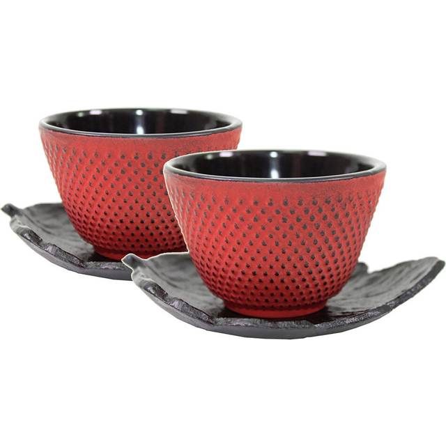 2 Sado Black Leaf Teacup Saucer+2 Red Polka Dot Hobnail Japanese Cast Iron Tea Cup Teacup