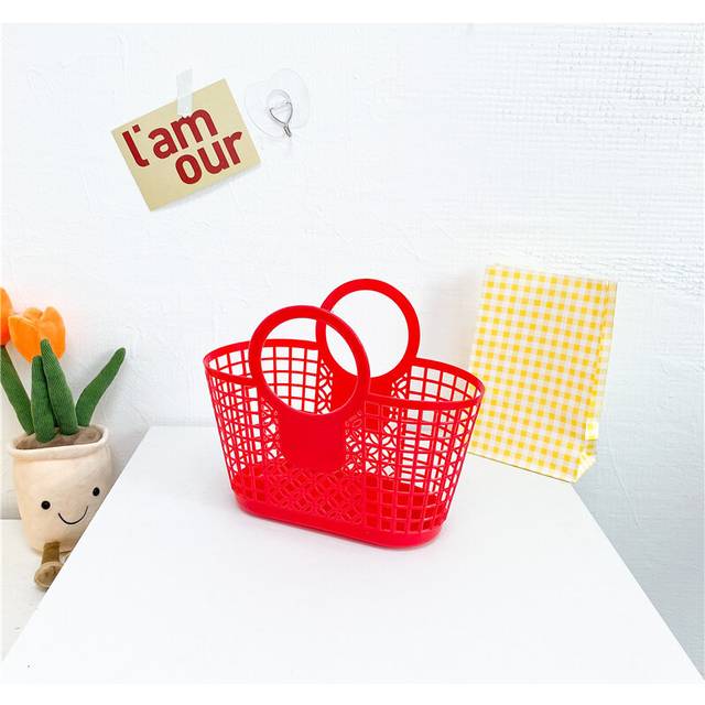 (Red) Adorable Beach Themed Childrens Handheld Bag Cute Girls Plastic Beach Tote With Stylish Hollow Design