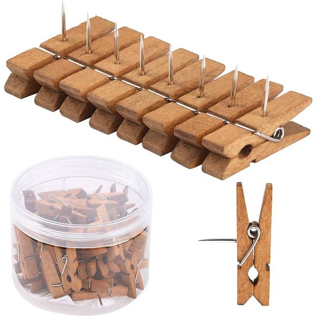 50 PCS Push Pin with Wooden Clips  Durable Wooden Push Pins  Decorative Pushpins Tacks Thumbtacks  Tacks for Cork Board Artworks Notes Photos  Craft P