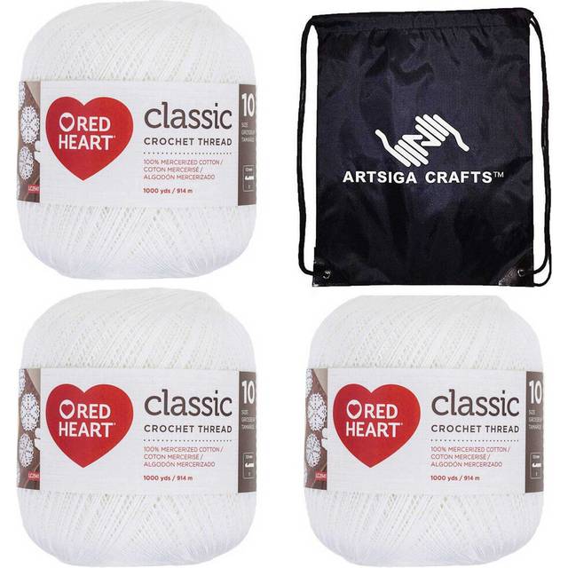 Red Heart Classic Crochet Thread Size 10 White 139-201 (3-Skeins - Same Dye Lot) Size Weight #10 Cotton Yarn for Crocheting and Knitting - Bundle with