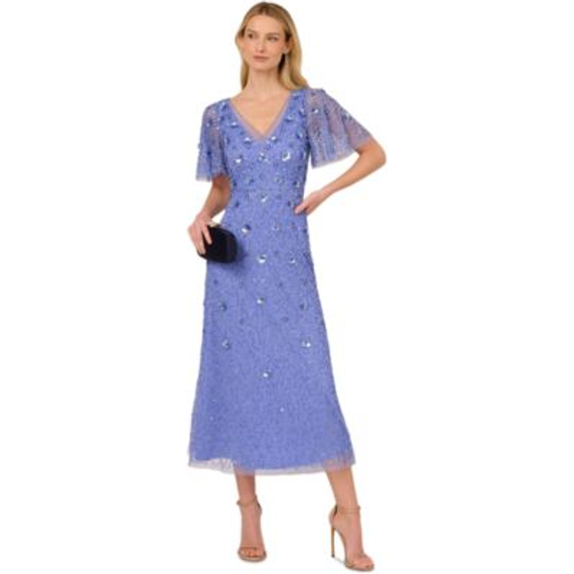 Beaded Mesh Flutter Sleeve Midi Dress In Peri Blue - 0