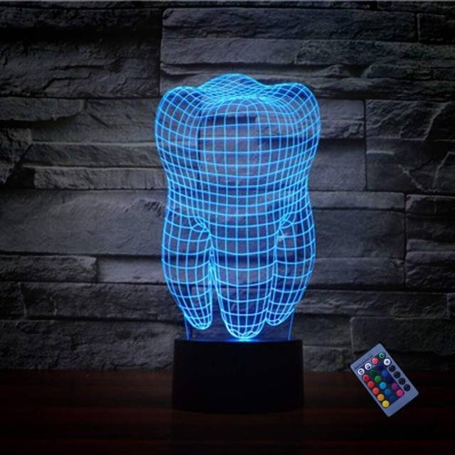 Creative 3D Tooth Night Light 16 Colors Changing USB Power Remote Control Touch Switch Decor Lamp Optical Illusion Lamp LED Table Desk Lamp Chil