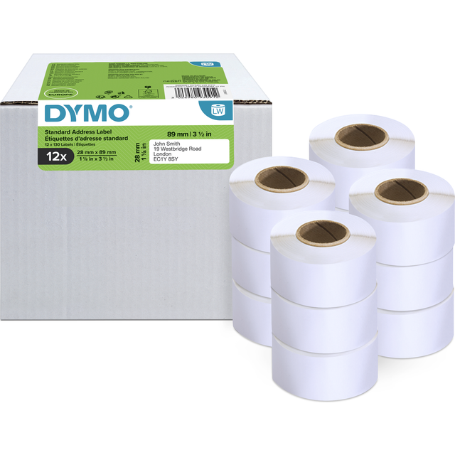 DYMO Autentiska LabelWriter adressetiketter | 28 mm x 89 mm | 12 rullar med 130 etiketter som enkelt kan avlägsnas (1 560 st) | självhäftande | för etikettskrivare