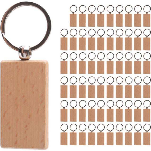 60Pcs Blank Rectangle Wooden Key Chain Diy Wood Keychains Tags Can Engrave Gifts