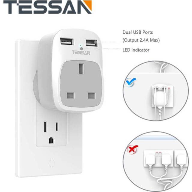 3-IN-1 UK to American Travel Plug Adapter with 2 USB Ports for Canada