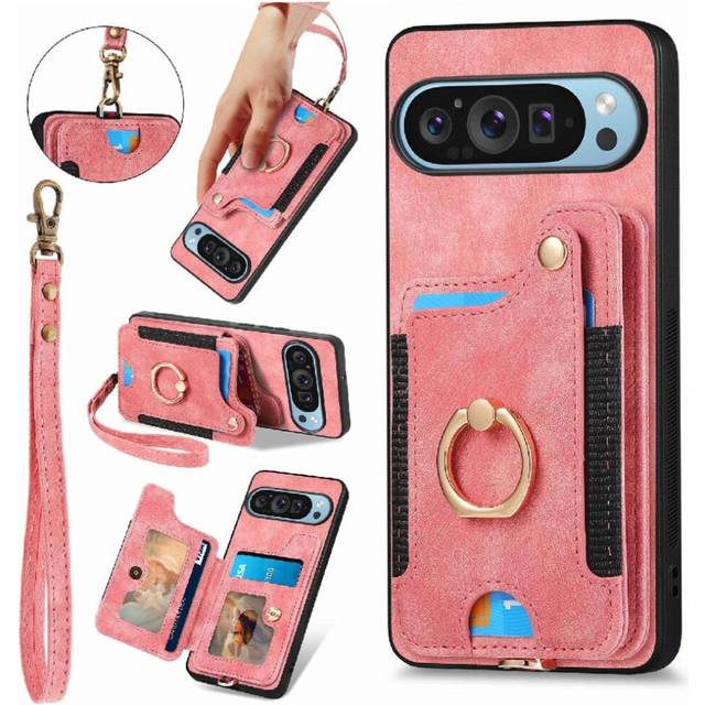 (Pink) Case for Google Pixel 9 Pro Car Mount Magnetic Ring Holder Rfid Blocking Gift Wrist Strap