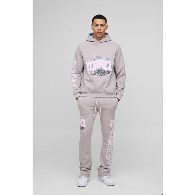 Mens Grey Regular Fit Man Graphic Flared Stacked Hooded Tracksuit