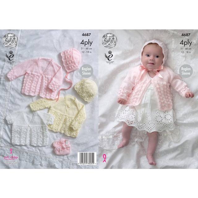 King Cole 4687 4ply Knitting Pattern Baby Matinee Coats Bonnet Bootees