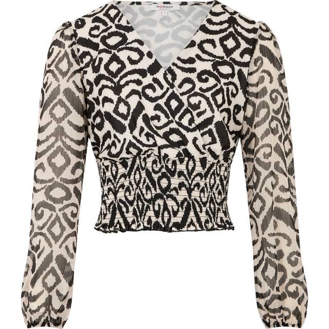 Printed Wrapover T-Shirt with Long Sleeves - Black Print