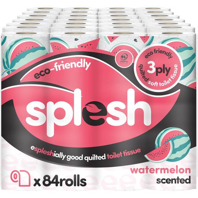 Splesh by Cusheen 3-ply Toilet Roll - Watermelon Fragrance (84 Pack) Soft, Quilted Bulk Toilet Rolls, Toilet Tissue and Loo Rolls ? Eco-Friendly