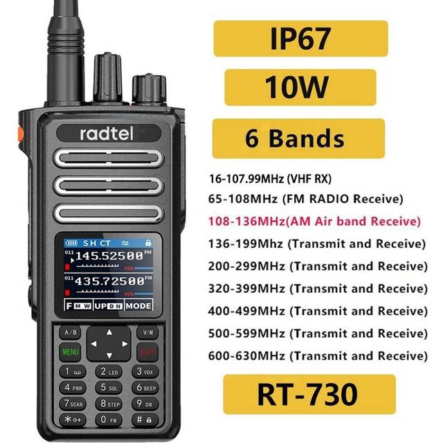 (EU) Radtel RT-730 IP67 Waterproof 10w Air Band Walkie Talkie CB SSB Amateur Ham HT 199CH USB-C Battery NOAA
