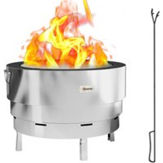 Outsunny Round Fire Pit with Grill Net, Stainless Steel Firepit, Silver