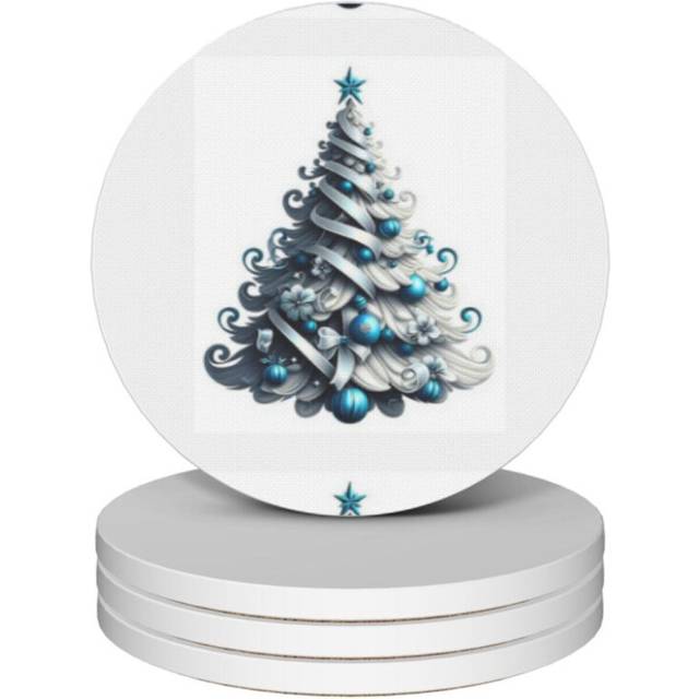 (Blue And White Christmas Tree=5407) Ceramic Coasters Set of 4 Xmas for Drink Wine Beer Bar with Cork Base Housewarming Birthday Christmas Gift