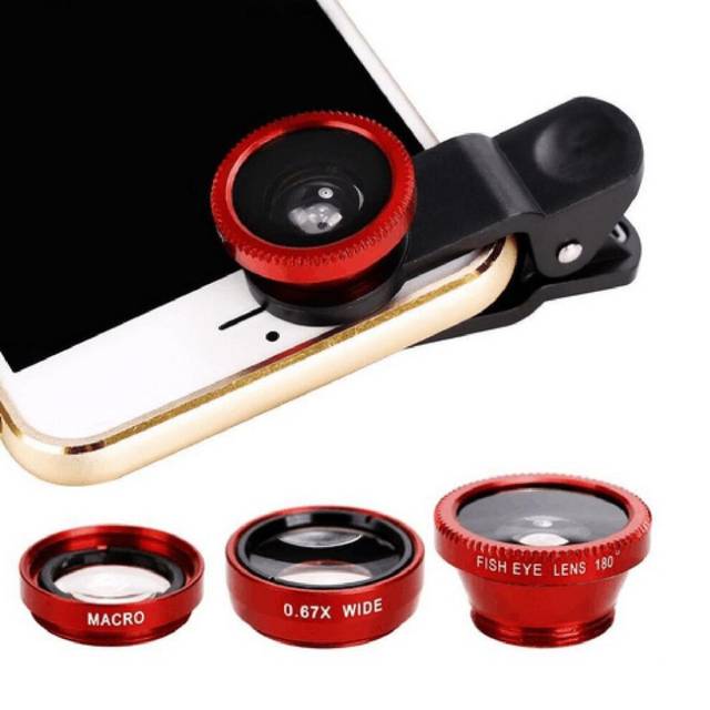 (Red) 3-in-1 Wide Angle Macro Fisheye Lens Camera Kits Mobile Phone Fish Eye Lenses with Clip 0.67x for iPhoneAll Cell Phones