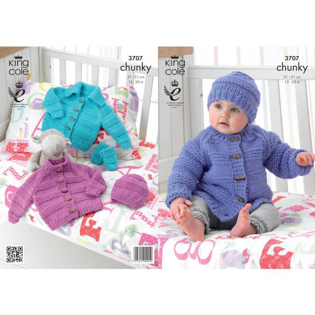 King Cole 3707 Chunky Knitting Pattern Baby Jacket Hat & Mittens