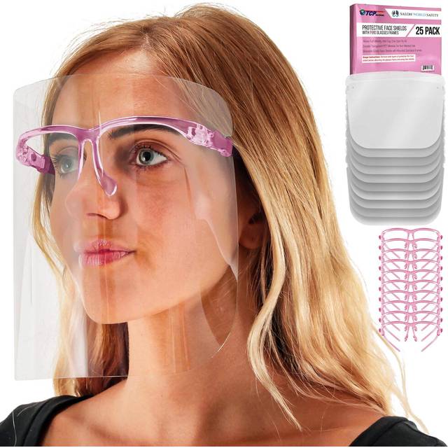 TCP Global Salon World Safety Face Shields with Pink Glasses Frames (Pack of 25) - Ultra Clear Protective Full Face Shields to Protect Eyes  Nose  Mou
