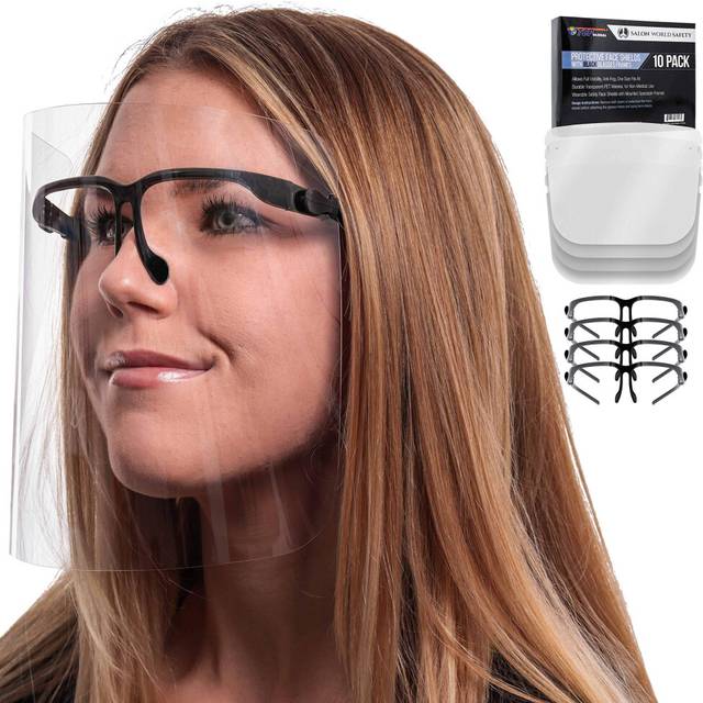 TCP Global Salon World Safety Face Shields with Black Glasses Frames (Pack of 10) - Ultra Clear Protective Full Face Shields to Protect Eyes  Nose  Mo