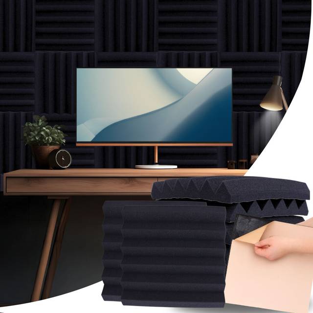 (Black Wedge Style, 36) Self-Adhesive Acoustic Wall Panels - Peel and Stick Foam Sound Absorbing Panel