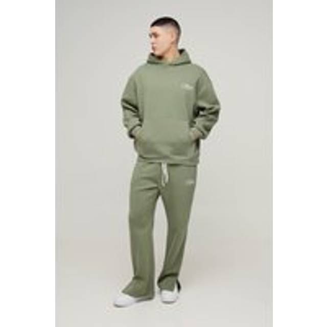 Mens Khaki Oversized Script Hooded Split Hem Tracksuit