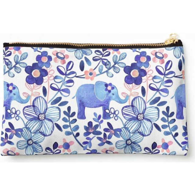 Makeup Bag Pale Coral, White and Purple Elephant and Floral Watercolor Pattern Cosmetic Organizer Tyvek Paper Bags Zipper Pouch