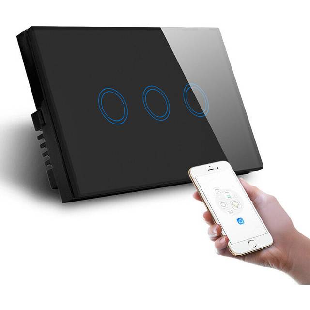 (Black) Smart Home Touch Switch WiFi APP Control Lamp Switch Crystal Glass Switch Compatible With Alexa Google Assistant 1000W AC110-240V US 3 Gang 1