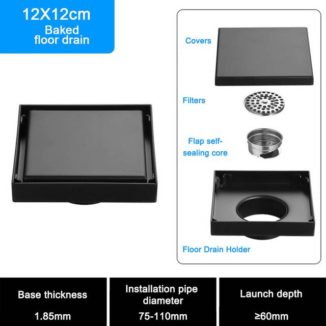 (Baked 12x12cm) Invisible Bathroom Floor Drain 10/11/12/15cm Square Waste Filter Drainage