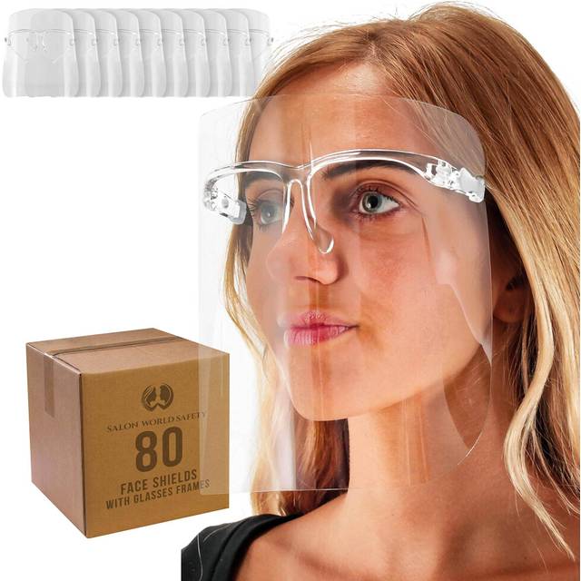 TCP Global Salon World Safety Face Shields with All Clear Glasses Frames (Case of 80) - Ultra Clear Protective Full Face Shields to Protect Eyes  Nose