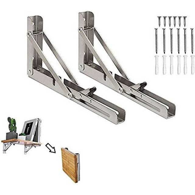 2Pcs Folding Shelf Brackets, Heavy Duty Stainless Steel Collapsible Shelf Bracket with Long Release Arm, Wall Mounted DIY Triangle Brackets (14inch)