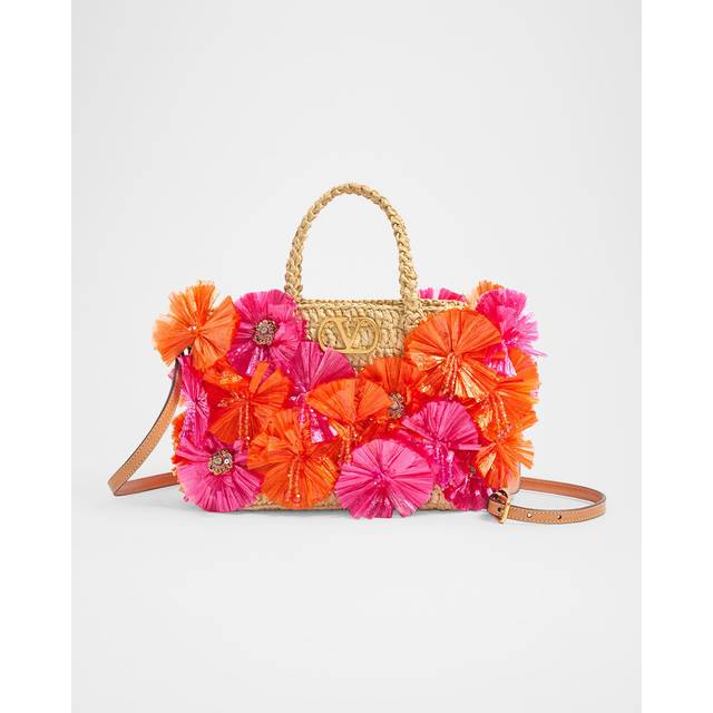 Valentino Garavani Small Raffia Shopping Bag With Flowers And Beads Woman NATURAL/RED UNI